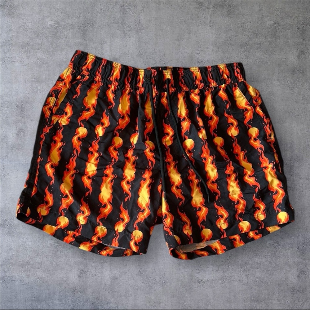 Forever 21 Black and Orange Flame Swim Trunks